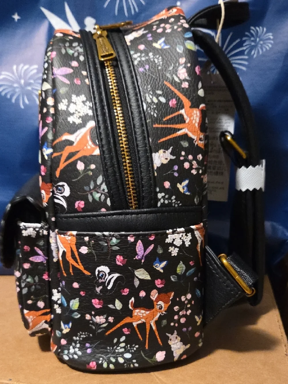 Loungefly Black Bambi Floral Mini Backpack with Gold Emblem